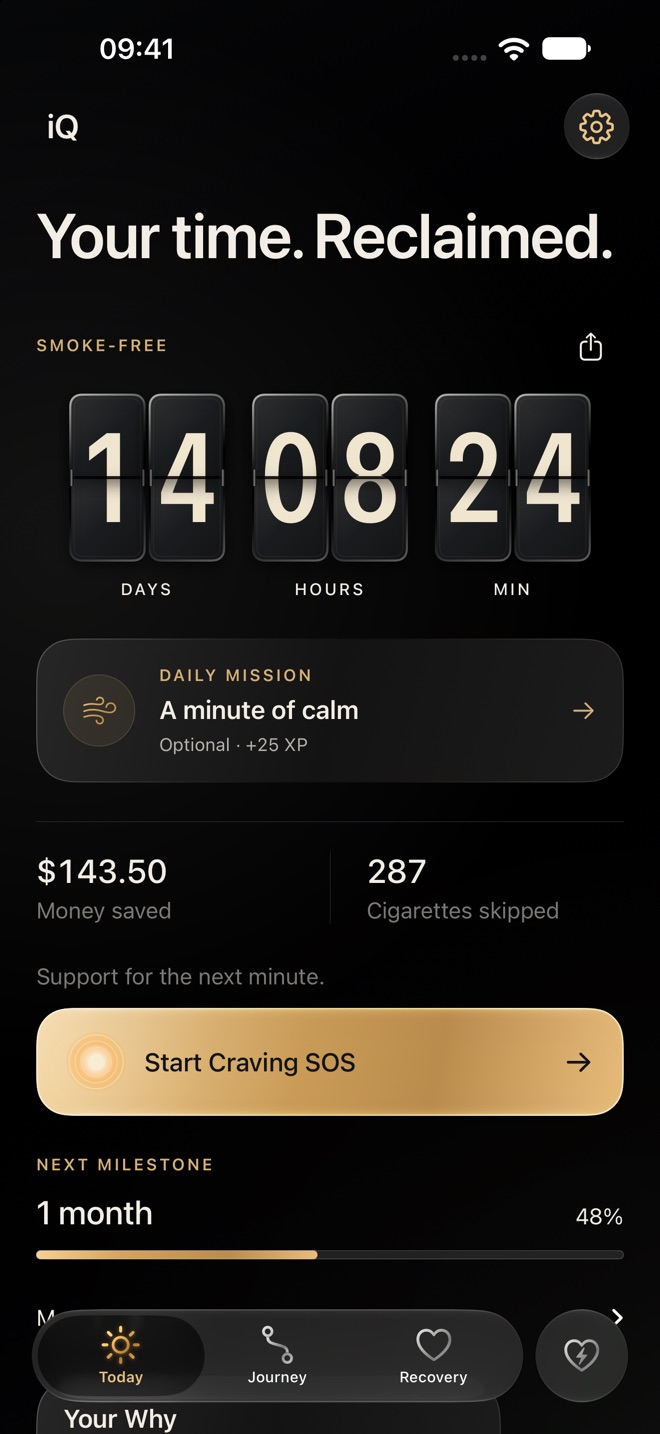 iQ Today screen showing a smoke-free timer, estimated savings, daily mission, and Craving SOS.